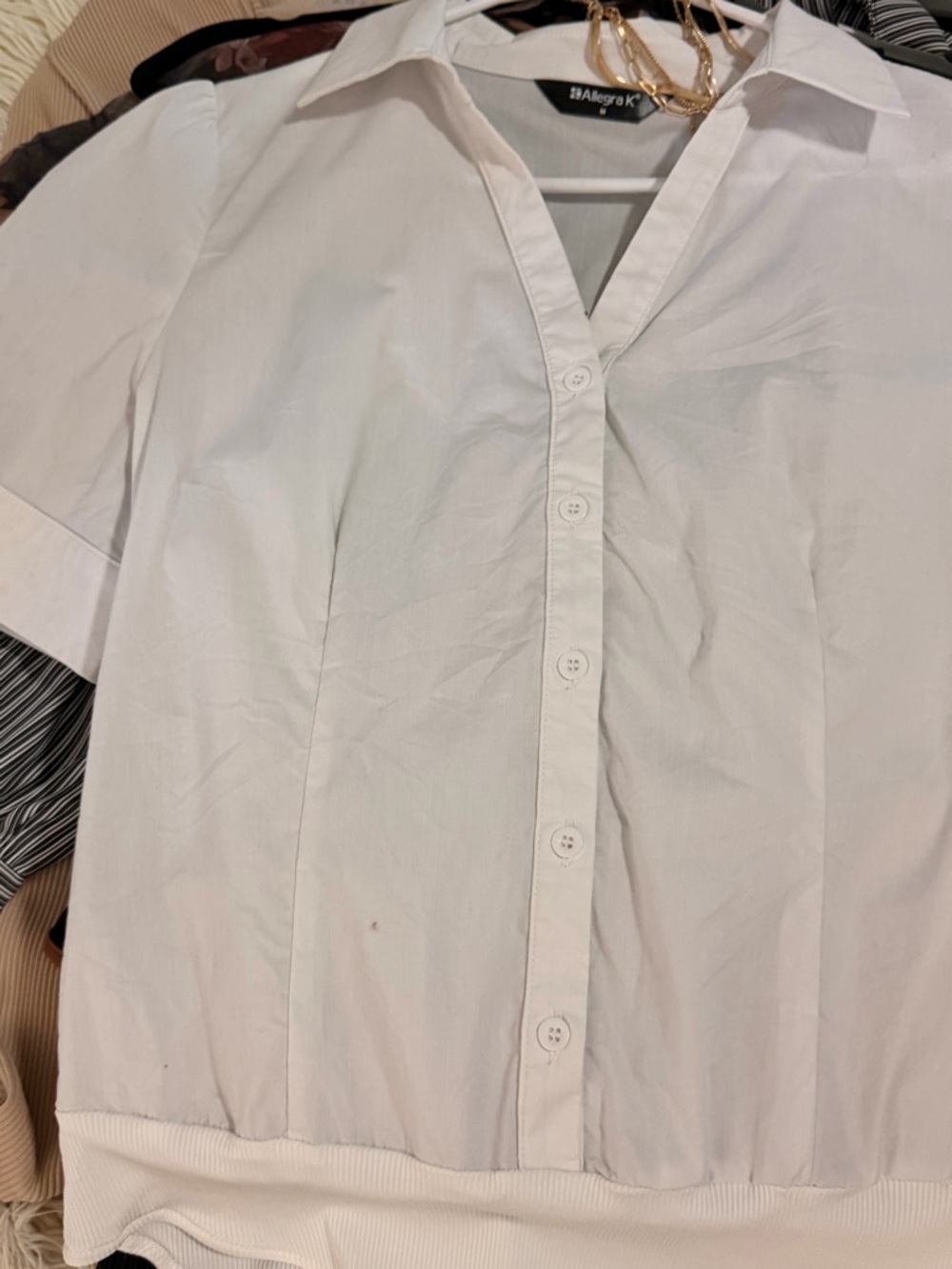 Allegra K White Short-Sleeve Button-Front Blouse